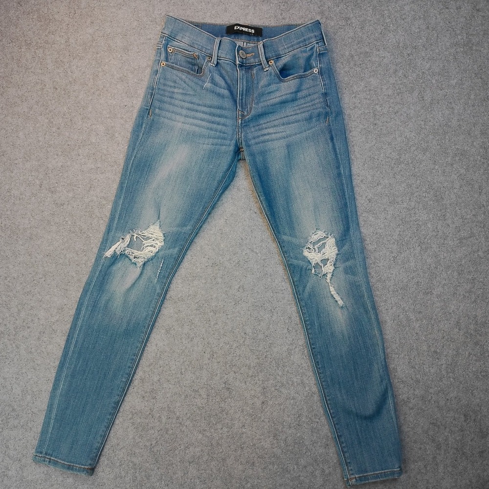Express Skinny Distressed Medium Wash Jeans Womens Blue Stretch Denim Pants